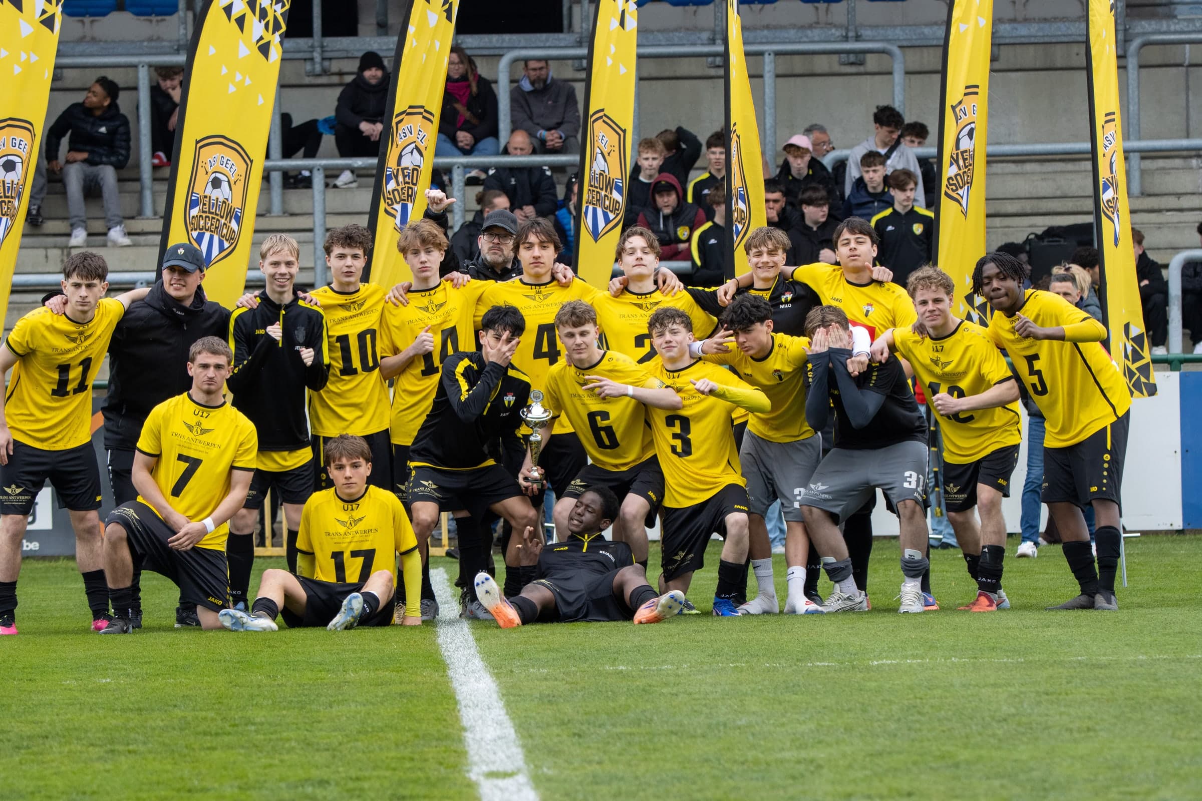 Youth soccer team celebrating together at the Yellow Soccer Cup 2026 in Geel, Belgium